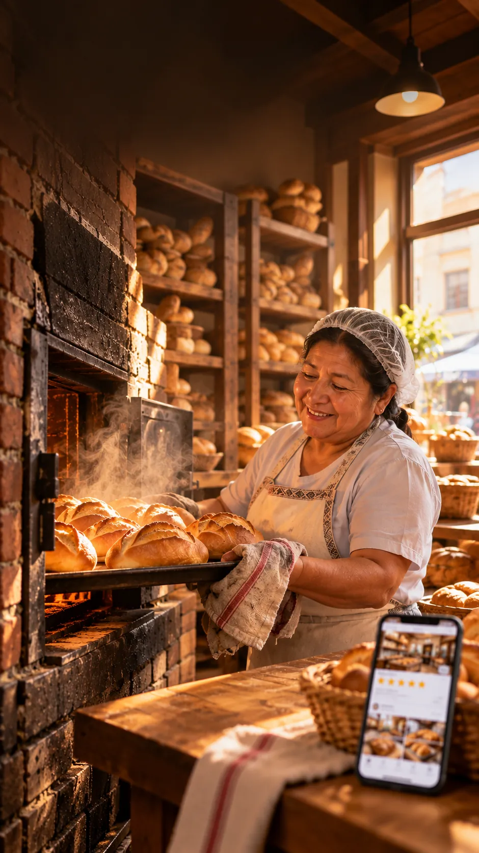 Panadera sacando pan francés del horno mientras su celular muestra la ficha de Google Maps con 5 estrellas